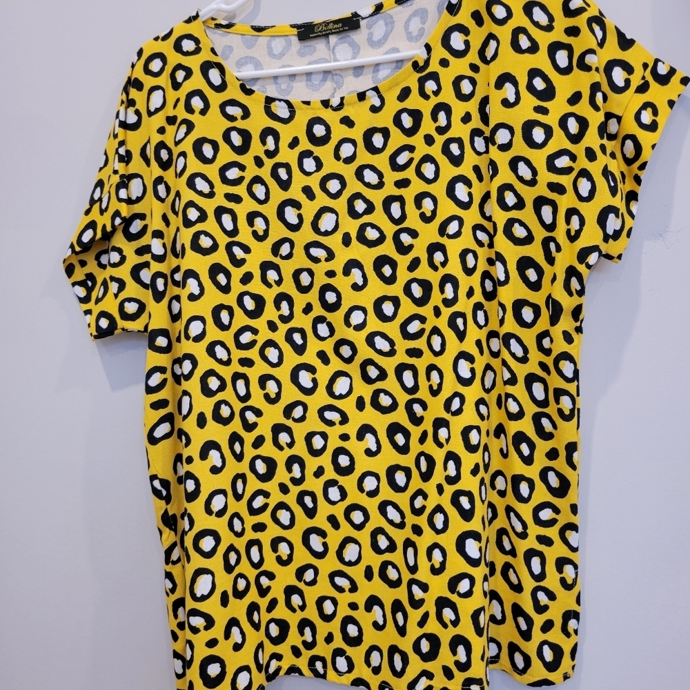 Bellina Cow Patch SS Yellow Black & White Blouse XS - Picture 5 of 7